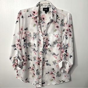Women’s By & By Sheer Blouse, Button Down, White Floral, Large